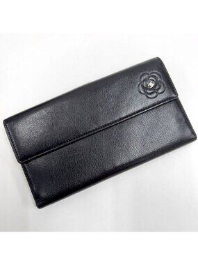 Chanel Butterfly Camellia Wallet Leather Black Silver